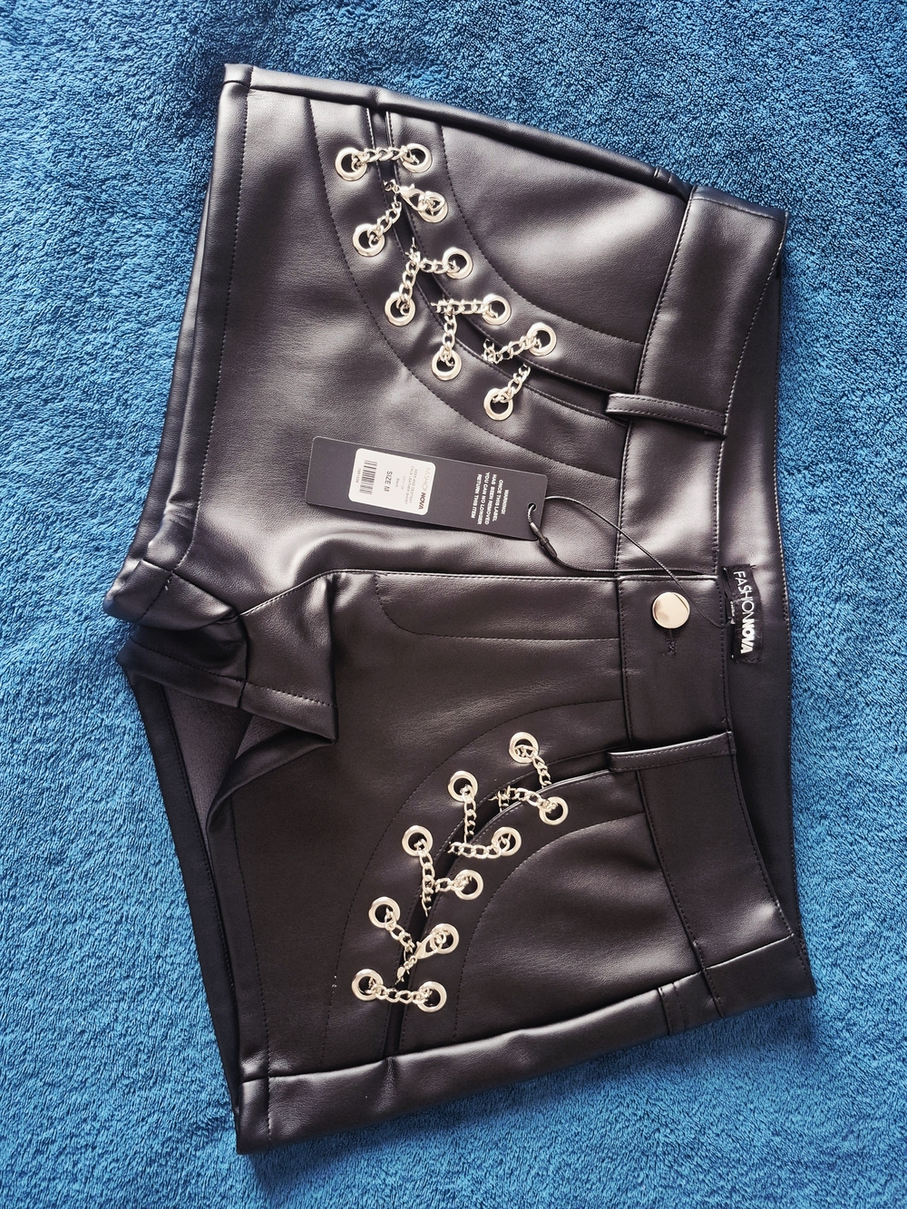 Fashion Nova Black Faux Leather Shorts with Silver Chain Eyelets